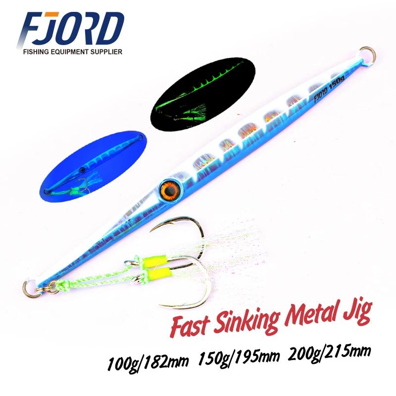 FJORD 100g 150g 200g Metall-Jig mit Leuchthaken UV-Angelköder Jig-Angelköder für Spinnangeln Meerwasser Fluss Salzwasser Angelzubehör