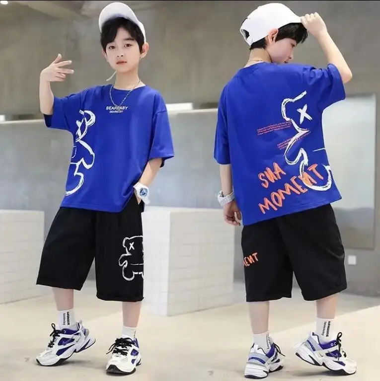 2024 summer Teenager Boys Clothes Casual Outfit Kids Tracksuit Children set bear loose t shirt + shorts hot pant 4 5 6 7 12 Year