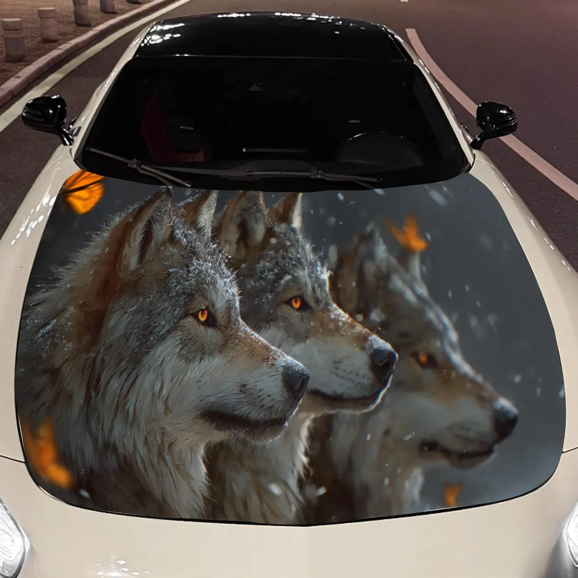 

Graceful Wolves with Orange Butterflies Car Engine Hood Sticker, Auto Vinyl Wraps, Waterproof Self-adhesive Vehicle Decal, Durab