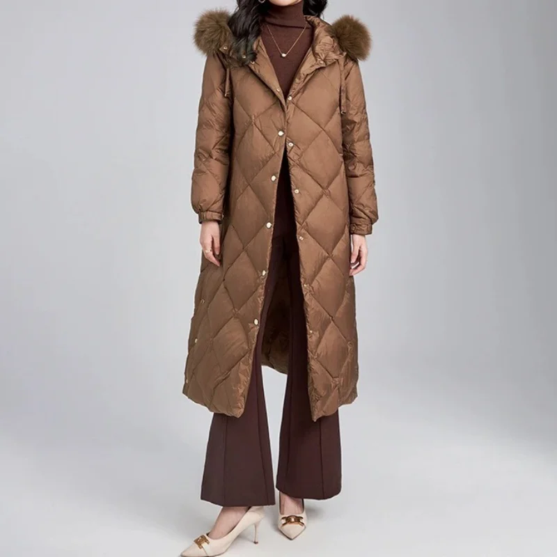 

2025 Winter New Women's Big Haired Lingge Down Jacket y2k Fashion High Street Belt Decoration Warm Medium and Long LengthClothes