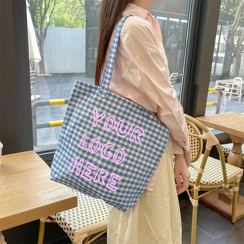 Custom Logo Gingham Plaid Canvas Tote Bag Women Vintage Checkered Shoulder Bag Large Capacity Reusable Shopping Bag Custom Gift
