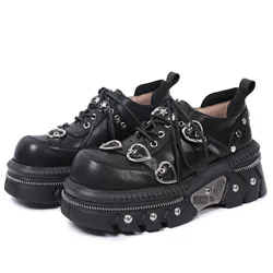 Original Retro Rock Hot Girl Thick Soled Tall Leather Shoes With Metal Lace Deep Mouth Single Shoes 2024 New Edition