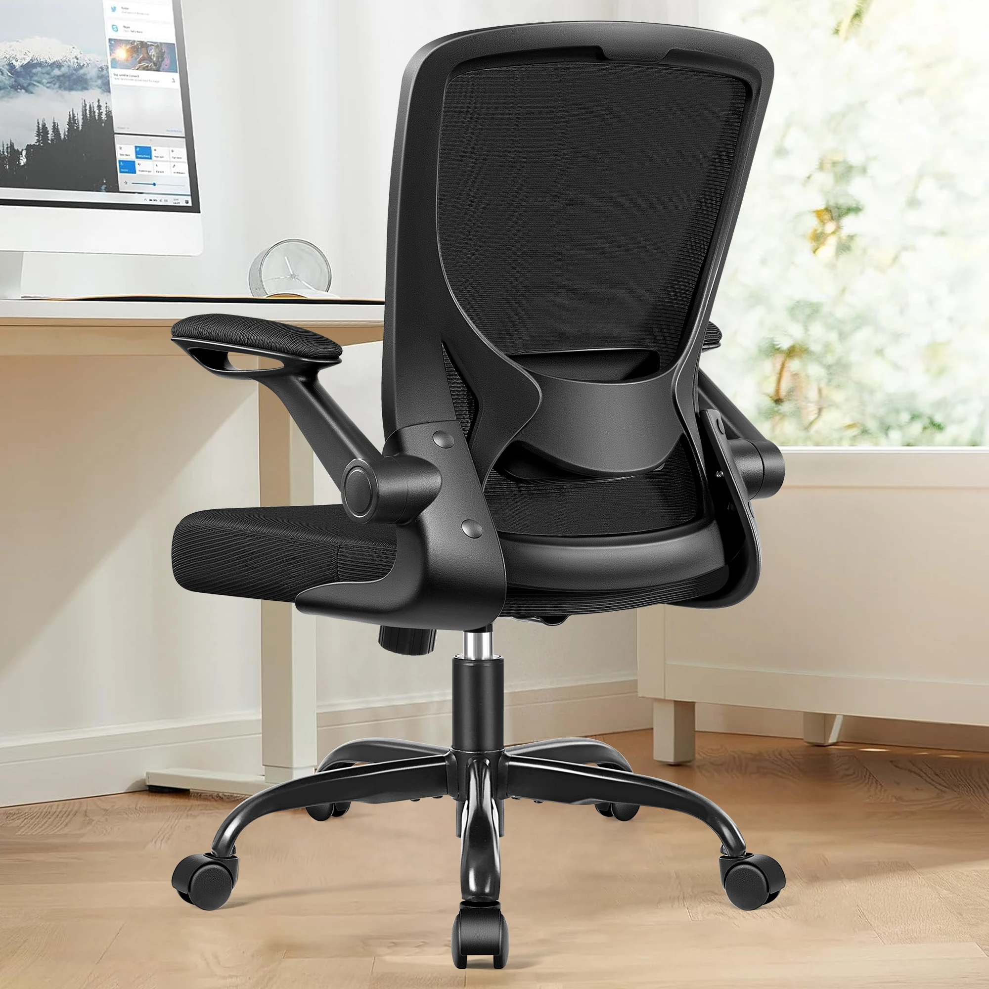 KERDOM Office Chair, Computer Chair with Lumbar Support and Armrest, Ergonomic Office Chair Rolling Wheels and Adjustable Height, Home Desk Chair with Sponge Seat, Black