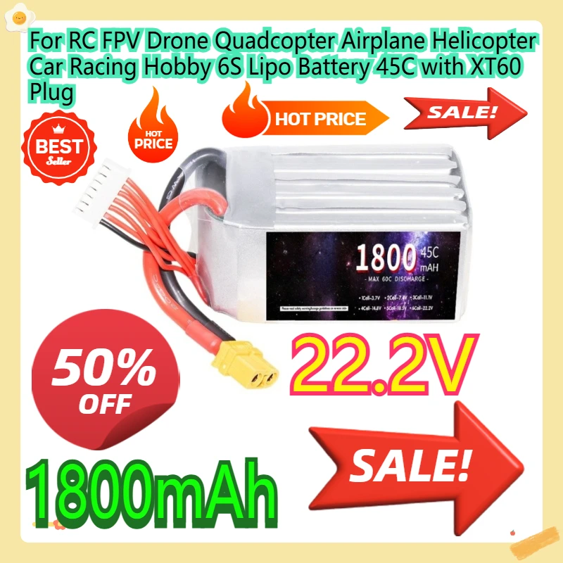 For RC FPV Drone Quadcopter Airplane Helicopter Car Racing Hobby 6S Lipo Battery 45C with 22.2V 1800mAh