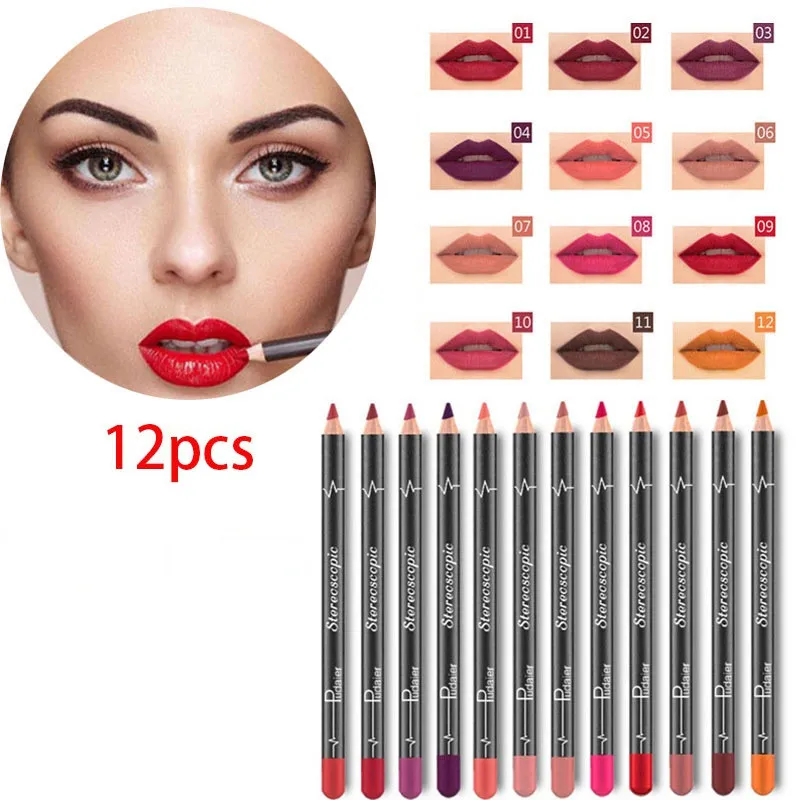 12PCS/Set Sexy Matte Lip Stick Lipliner Plump Lips Waterproof Long Lasting Smooth Natural Lipliner Pen Makeup Cosmetic Tools Kit