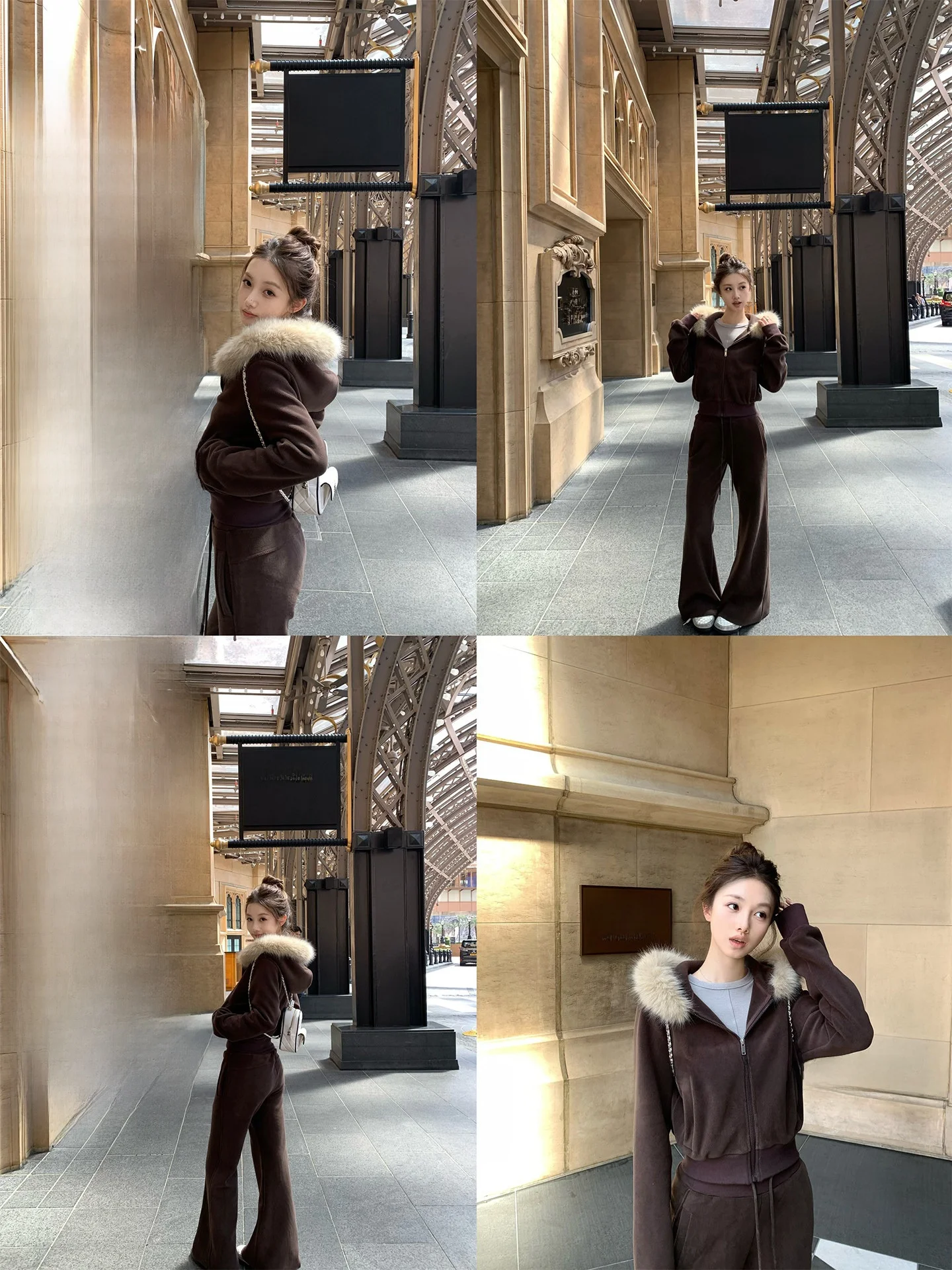 

Теплый двусторонний флисовый комплект с меховым воротником и брюками для женщин: повседневный зимний наряд, комплект из двух предметов