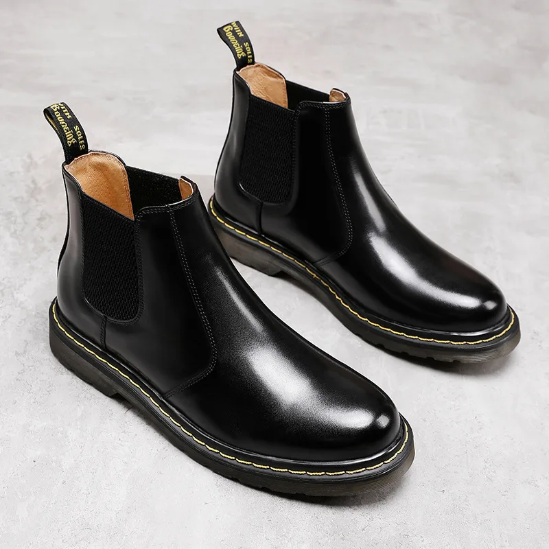 Autumn Winter New Men's British Leather High With Cow Tendon Sole Top Layer Cowhide Chelsea Boots Foot Men’s Casual Formal Shoes