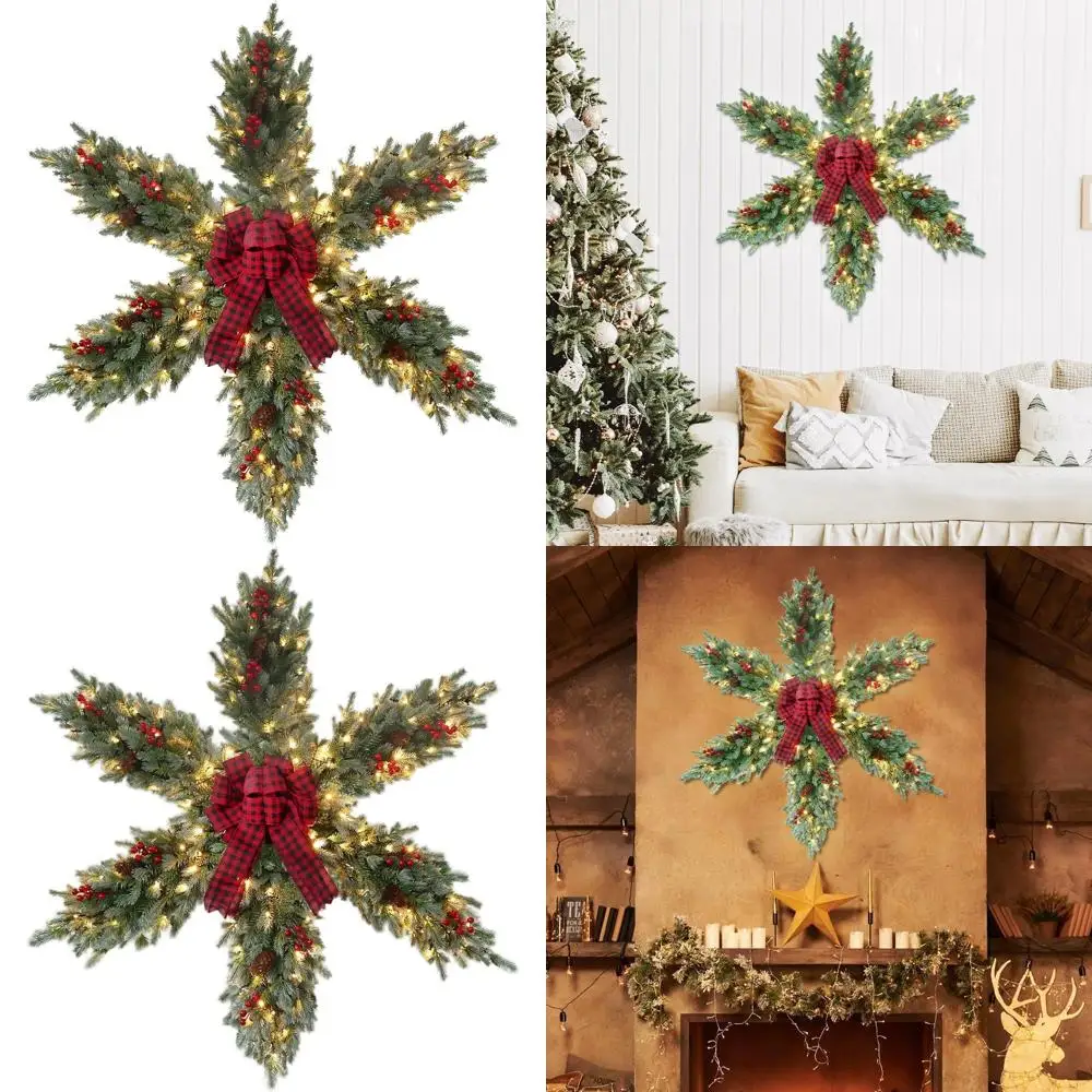 

48 Grand Christmas Wreath, 4-Foot Lit Star Wreaths with 120 LED Lights, Berries, Cones for Festive Door & Wall Decor