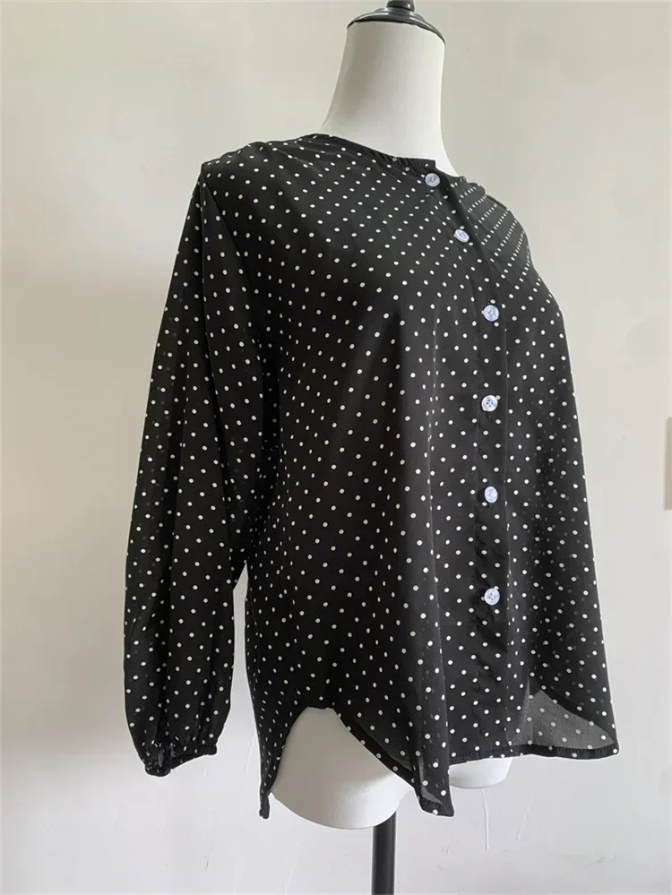 قمصان وبلوزات camisas e blusas рубашка Spring Elegant Dot Print Chiffon Blouse Women Loose Top Autumn Long Sleeve O Neck Shirt