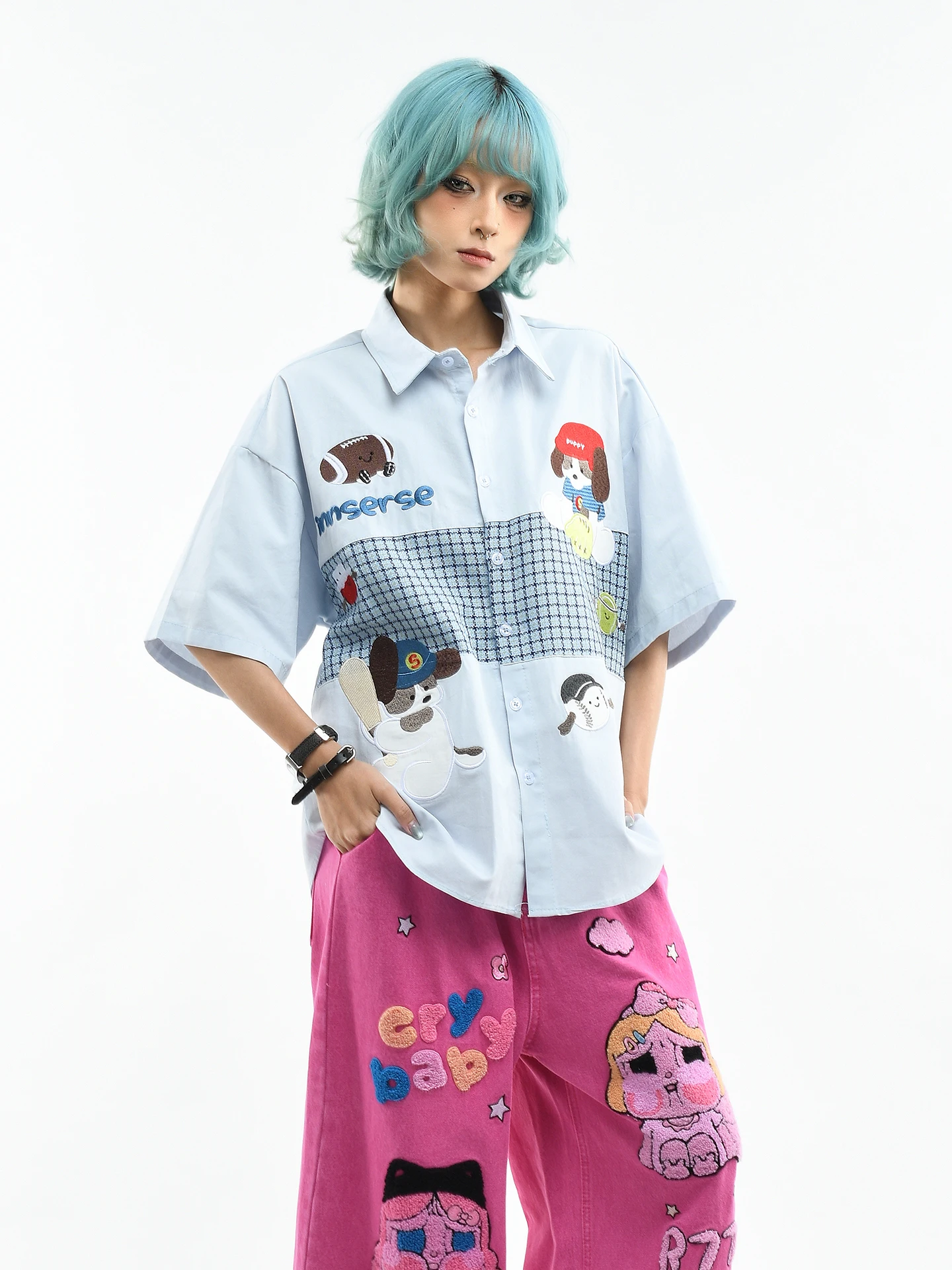 

Original OV Cartoon Dog Embroidery Short Sleeve Loose Women's Summer Shirt Couple Fun Style Cotton Casual Shirt Trendy