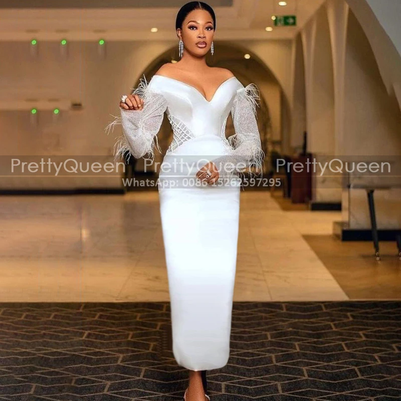 

Off Shoulder Sheath Prom Dresses With Feather Sequins Long Sleeves Customized Trumpet Ankle Length Masquerade Dress Party