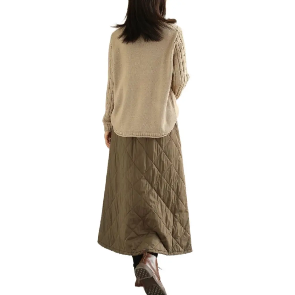 

Vintage Winter Rhombus Padded Cotton Thickened Skirt for Women Warm Slim Fit with Slip Pocket Artistic All-match Style