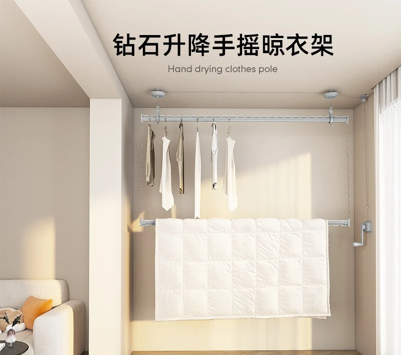 Lifting drying rack balcony hand crank clothes drying rod top installation automatic household double rod manual drying rack
