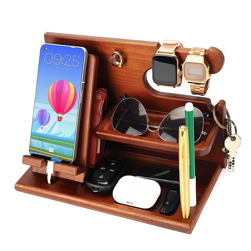 

Wooden Bedside Wood Phone Docking Station Holder Wallet Watch Stander Storage Rack Key Sunglasses Organizers For Iphone