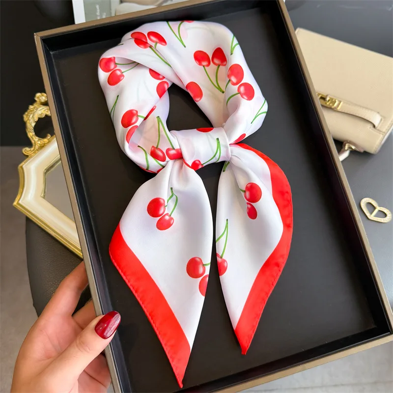 Luxury Square Satin Scarf Women Cute Fruit Cherry Pattern Shawls and Wraps Fashion Small Bag Scarves Hair Tie Bandanas 70*70Cm
