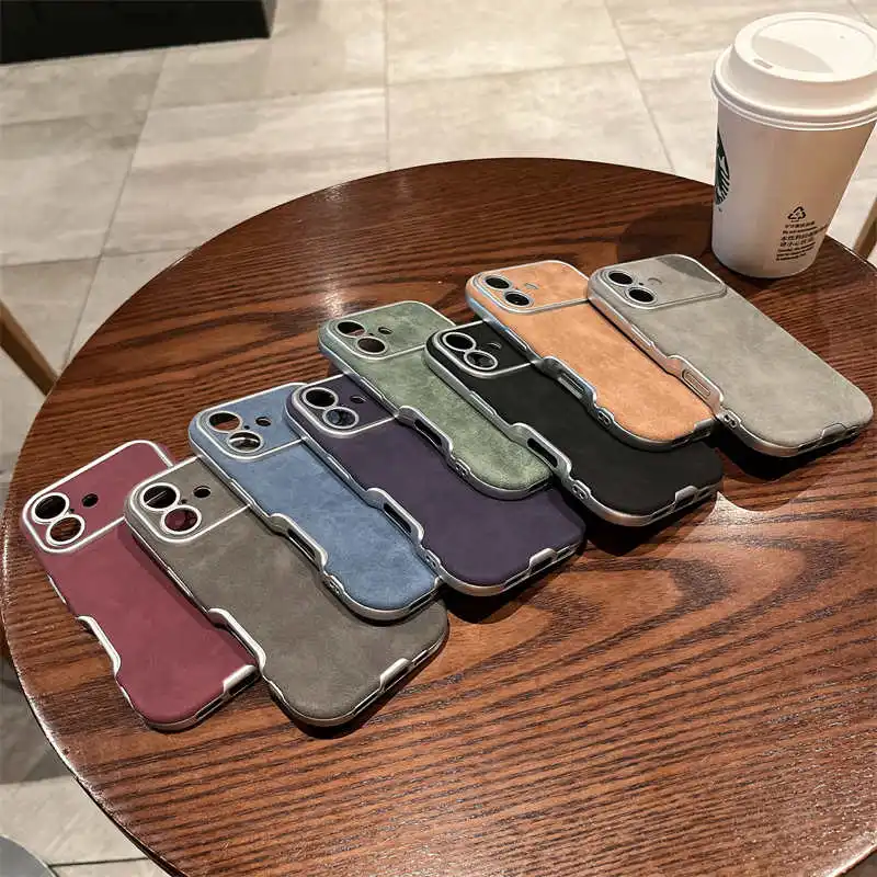 Luxury Matte Suede Leather Case for iPhone 16 Plus 15 14 13 12 11 Pro Max Plating Shockproof Lambskin Skin Soft Silicone Cover