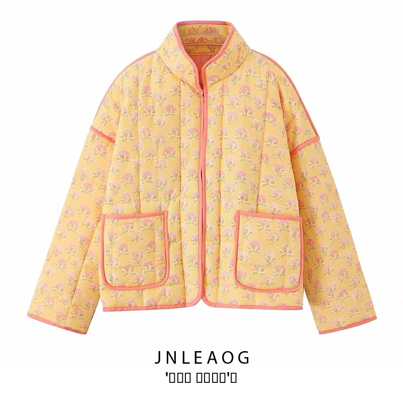 

Faionable All-Match Design ket Floral Cotton Jaet Women's Street Sle Long Sve Zipper Closure round Ne Coat