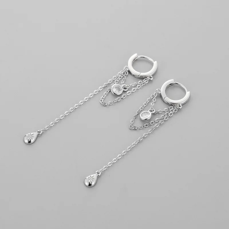 925 Silver Plated Tassel Long Chain Zircon Star Water Drop Shape Hoop Earring For Women Party Wedding Jewelry eh2307