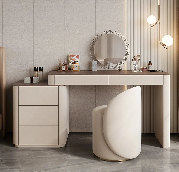 Retro Cream-style Vanity Solid Wood  Walnut Veneer Modern Minimalist Small Bedroom Dresser Makeup