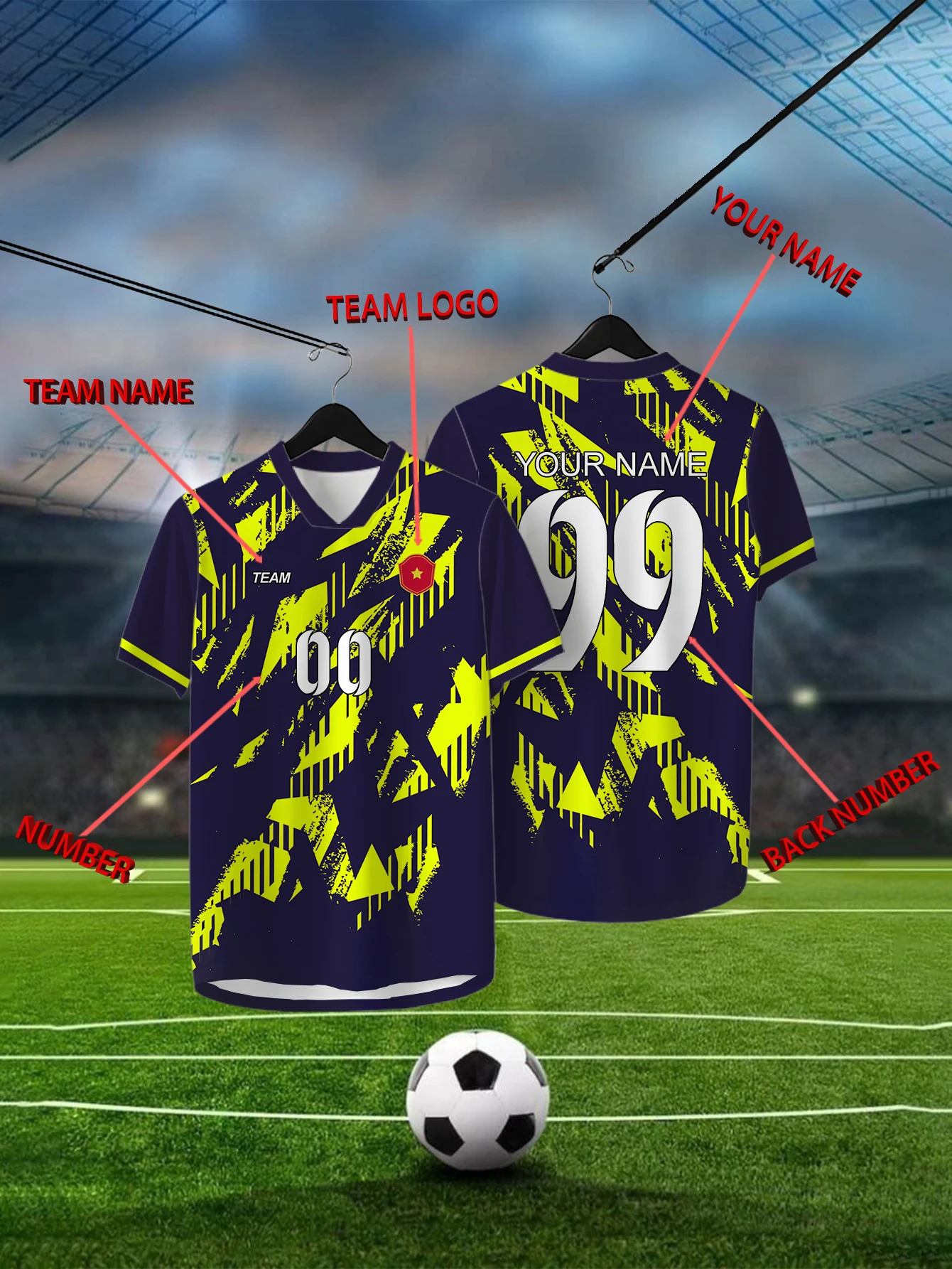 

Customized Geometric Yellow Short Sleeved Shirt with Team Name, Emblem, Name and Number, Outdoor Sports Short Sleeved T-shirt