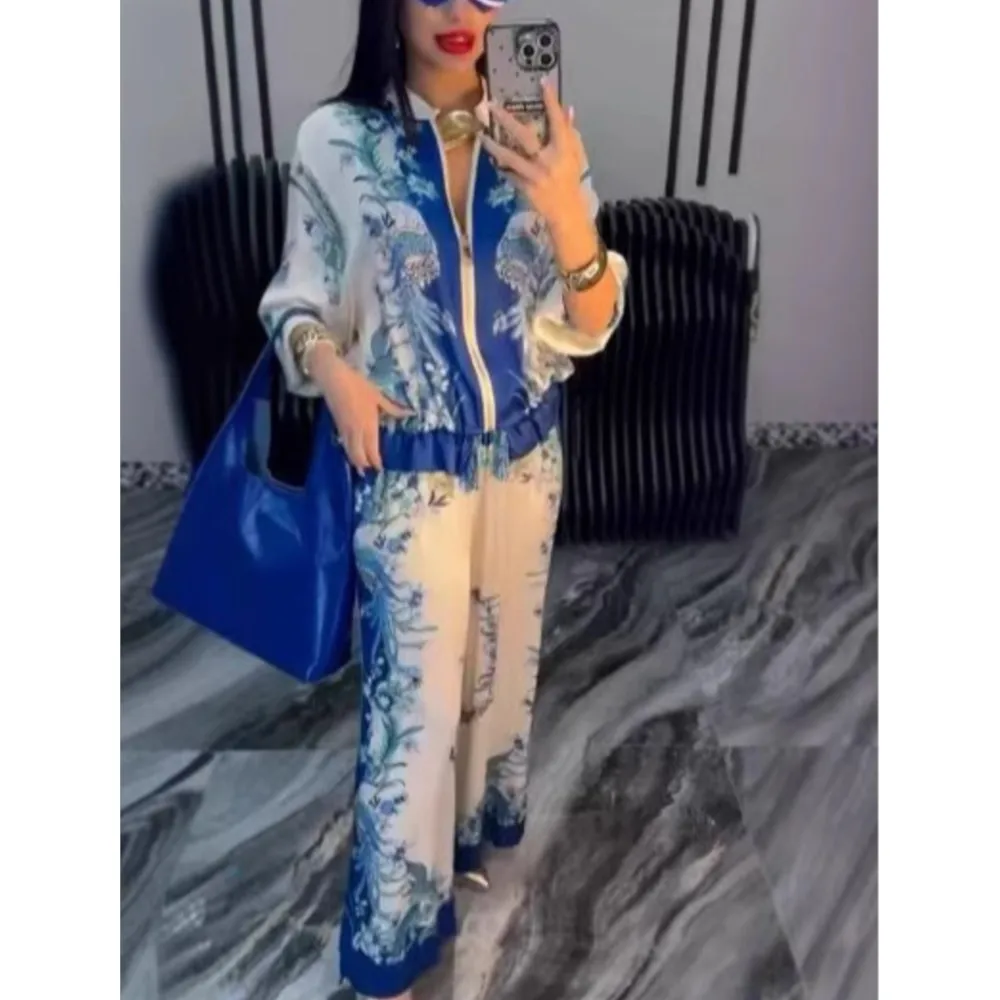 Pantaloni lunghi da donna con cerniera e colletto rialzato con stampa Set da 2 pezzi Giacca da baseball Set di pantaloni lunghi a gamba larga con lacci e vita alla moda