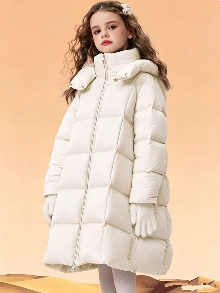 Wintermantel für Mädchen, lang, mit Kapuze, aus 90 % weißen Entendaunen, wasserdichtes, winddichtes und schmutzabweisendes Material, warme Daunenjacke für kaltes Wetter, für Kinder von 4 bis 14 Jahren. – Detail 9