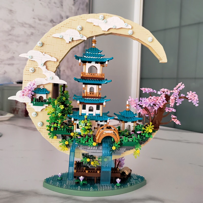 Building Blocks Architecture Peach House Pavilion Waterfall River Led Light Diy Mini Diamond Bricks Toy for Kid Gift Room Decor
