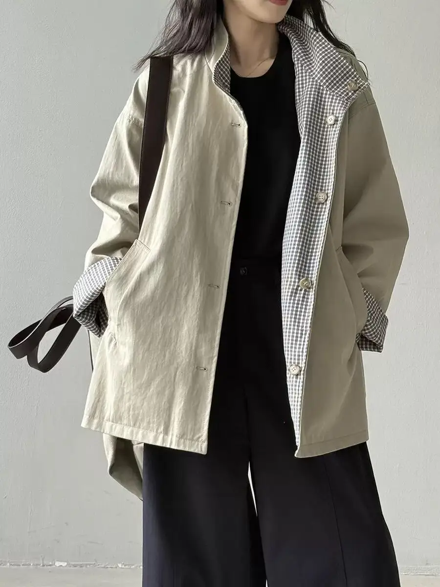 

Retro Korean Sle Double-Sided Wear Plaid Mid-Length Autumn Winter Women's Coat Stand Collar Faionable Versatile Outerwear