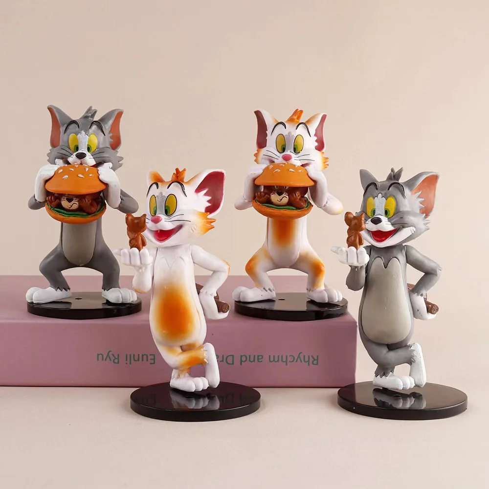 [Funny] 4pcs/lot Disney Tom and Jerry Eating Burgers Action figure toys statue collection model home decoration kids best gift