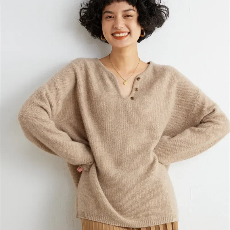 

Tailor Sheep Autumn Winter Women 100% Cashmere Sweater V-Neck Quality Pullover Female Long Sleeve Loose Large Size Knit Jumper