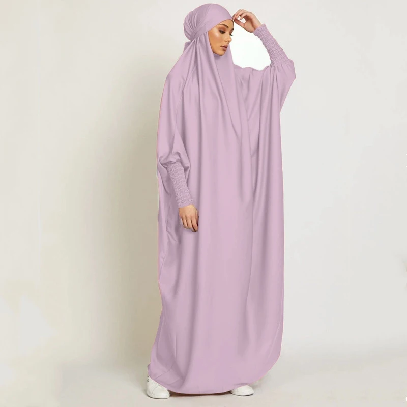 Ramadan Muslim Robe One Piece Cinch Sleeve Long Dress Prayer Hijab Dress Jilbab Women Hooded Abaya Niqab Islam Dubai Plain Robe