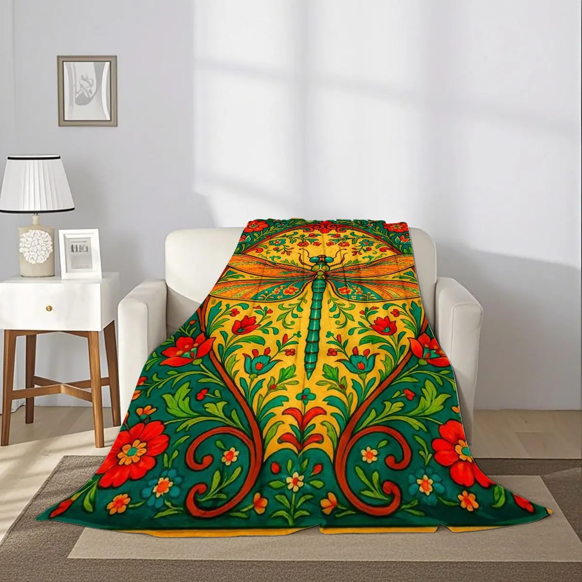 Boho Floral Dragonfly Throw Blanket Nap Lap Cover Decorative Vibrant Pattern for Couch Sofa Seating Room Decor Gift