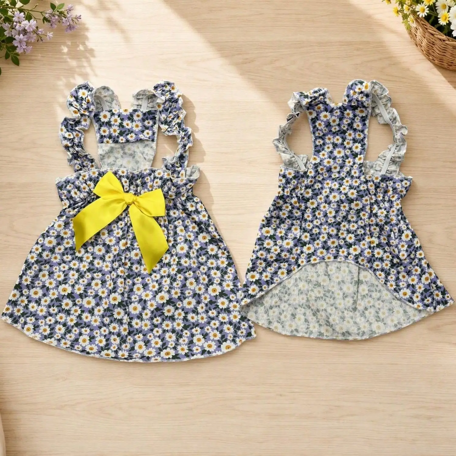 Sommerkleid für Haustiere, ärmellos, mit Blumenmuster, Rüschenriemen, großer Schleife als Dekoration für kleine Hunde, für den täglichen Gebrauch und Partys. – Detail 9