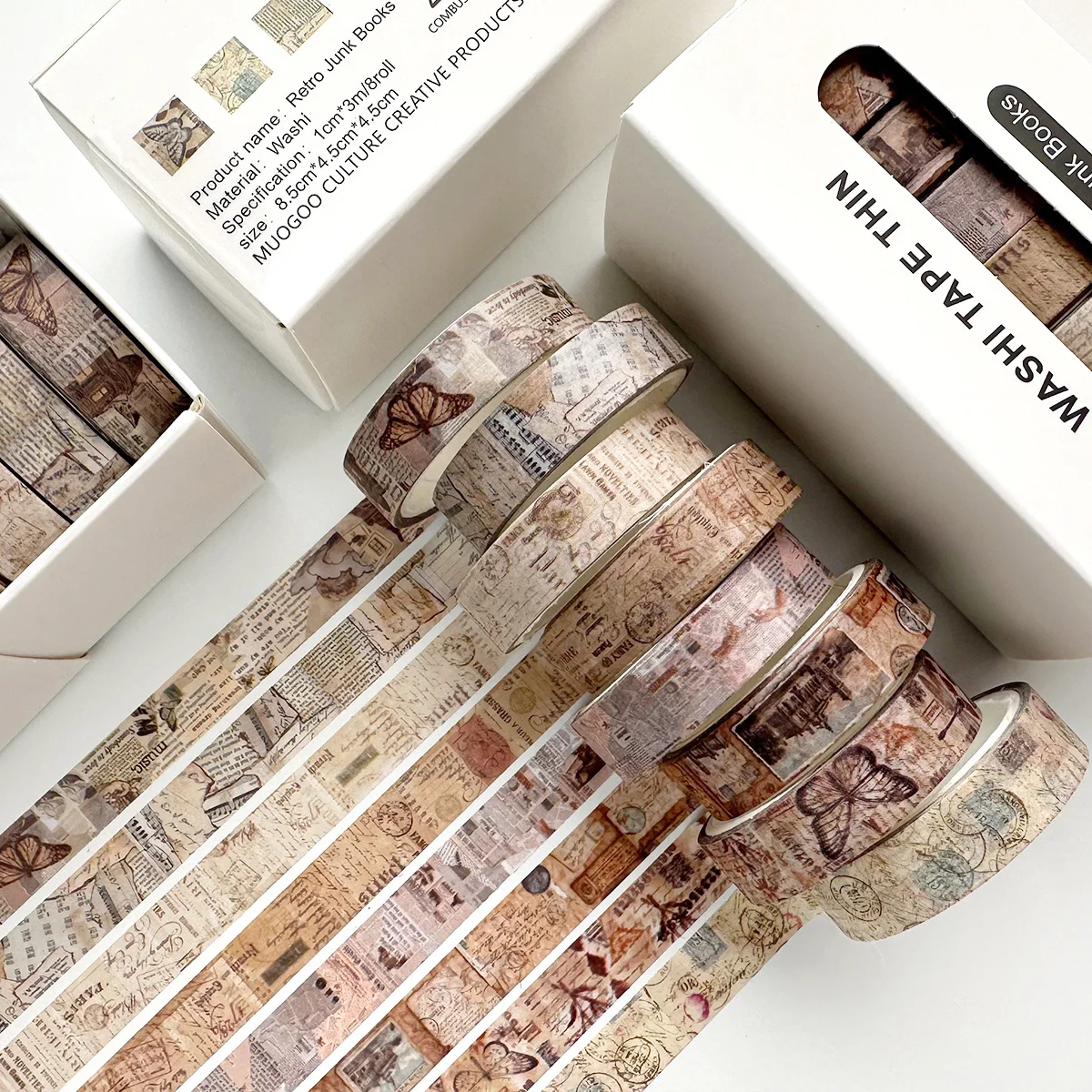 8rolls/box Retro Fashion Washi Tape Various Flowers, Plaid Patterns, Handmade DIY Scrapbook Decoration Tool