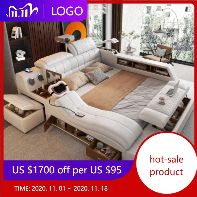 

Queen Frame Double Bed Drawers King Size Wood Leather Multifunctional Bed Storage Modern Cama Matrimonial Bedroom Furniture