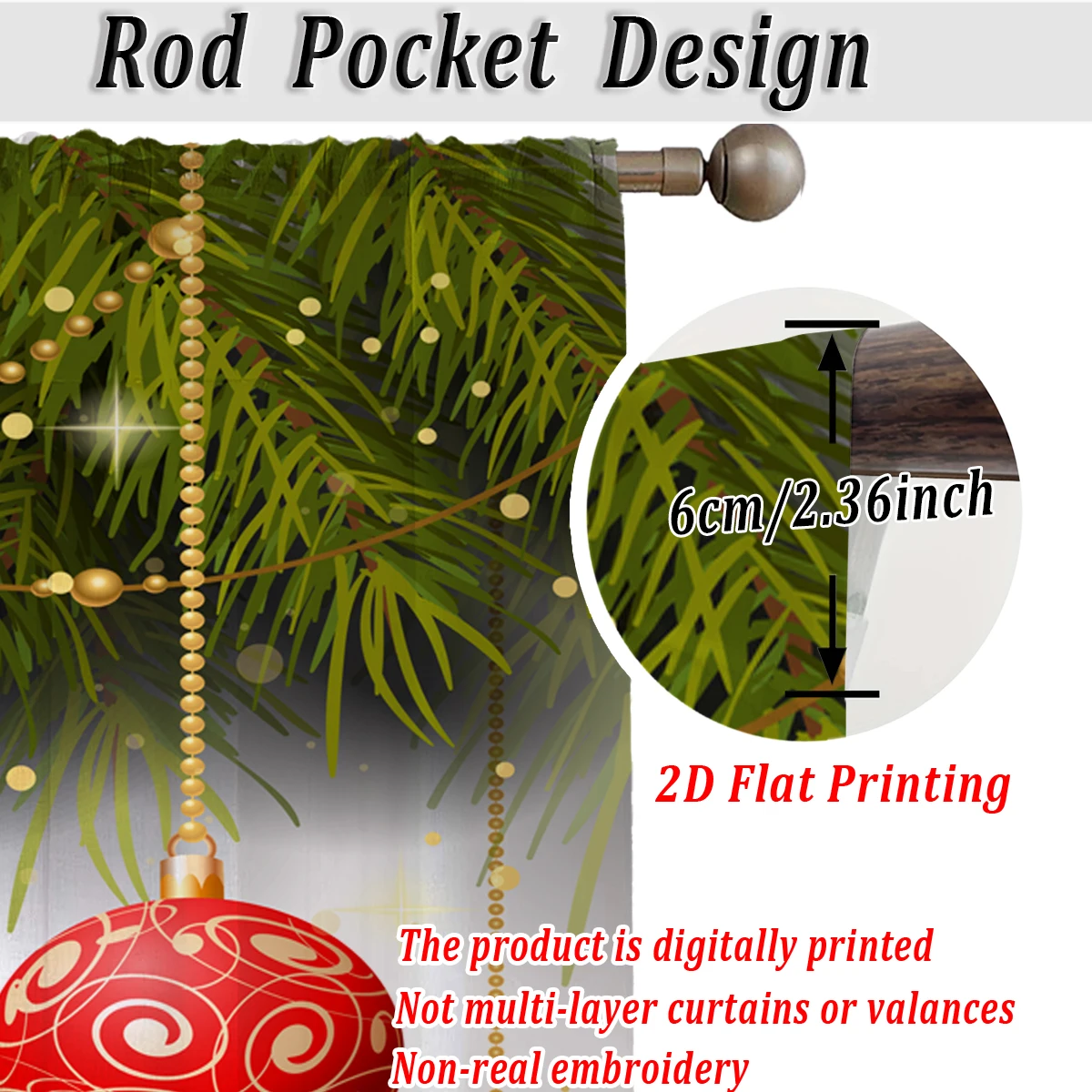 ستارة شفافة للمطبخ بطباعة مسطحة لعيد الميلاد مع فرع كرة عيد الميلاد على شكل نجمة من الصنوبر لحفلات ديكور المنزل في عيد الميلاد