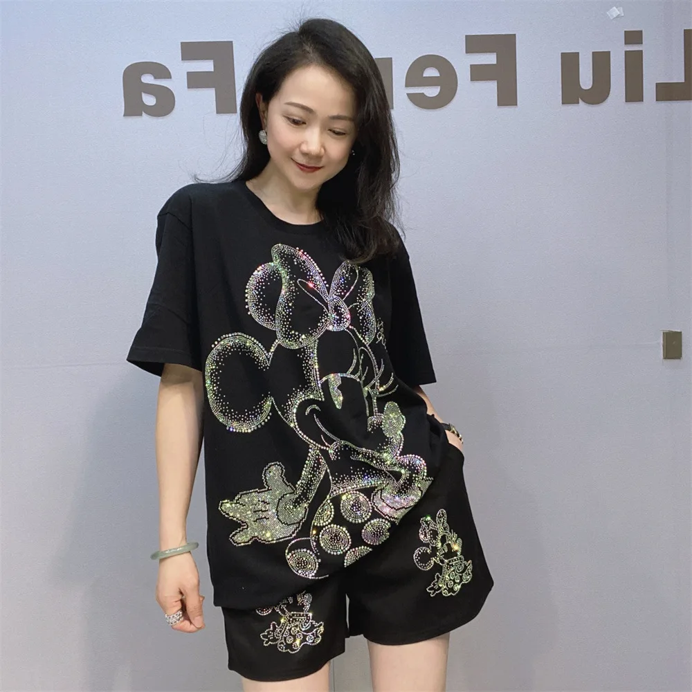 

2026 New Summer Casual Women Two-piece Sets Diamonds Mickey Loose Short Sleeve T-shirt Top + Elastic Waist Wide Leg Shorts Suits