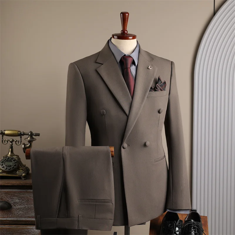 

High Quality Brown Men's Suits Double Breasted Bespoke Double Breasted Peaked Lapel Formal Blazer Slim Fit 2 Piece Jacket Pants