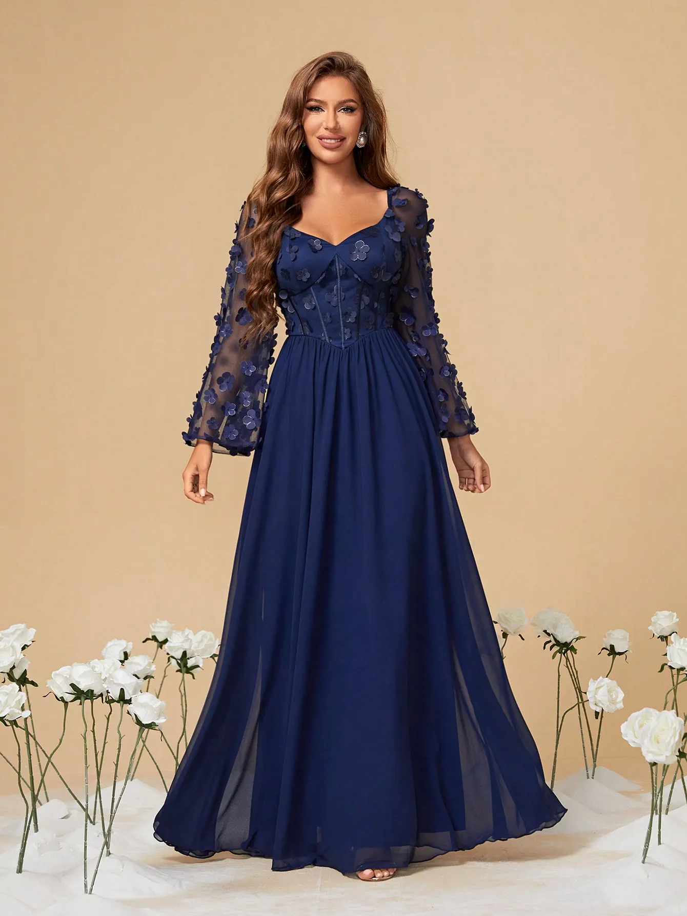 Mgiacy Princess collar long sleeve three-dimensional floral patchwork chiffon A full-length evening gown ball dress Party dress