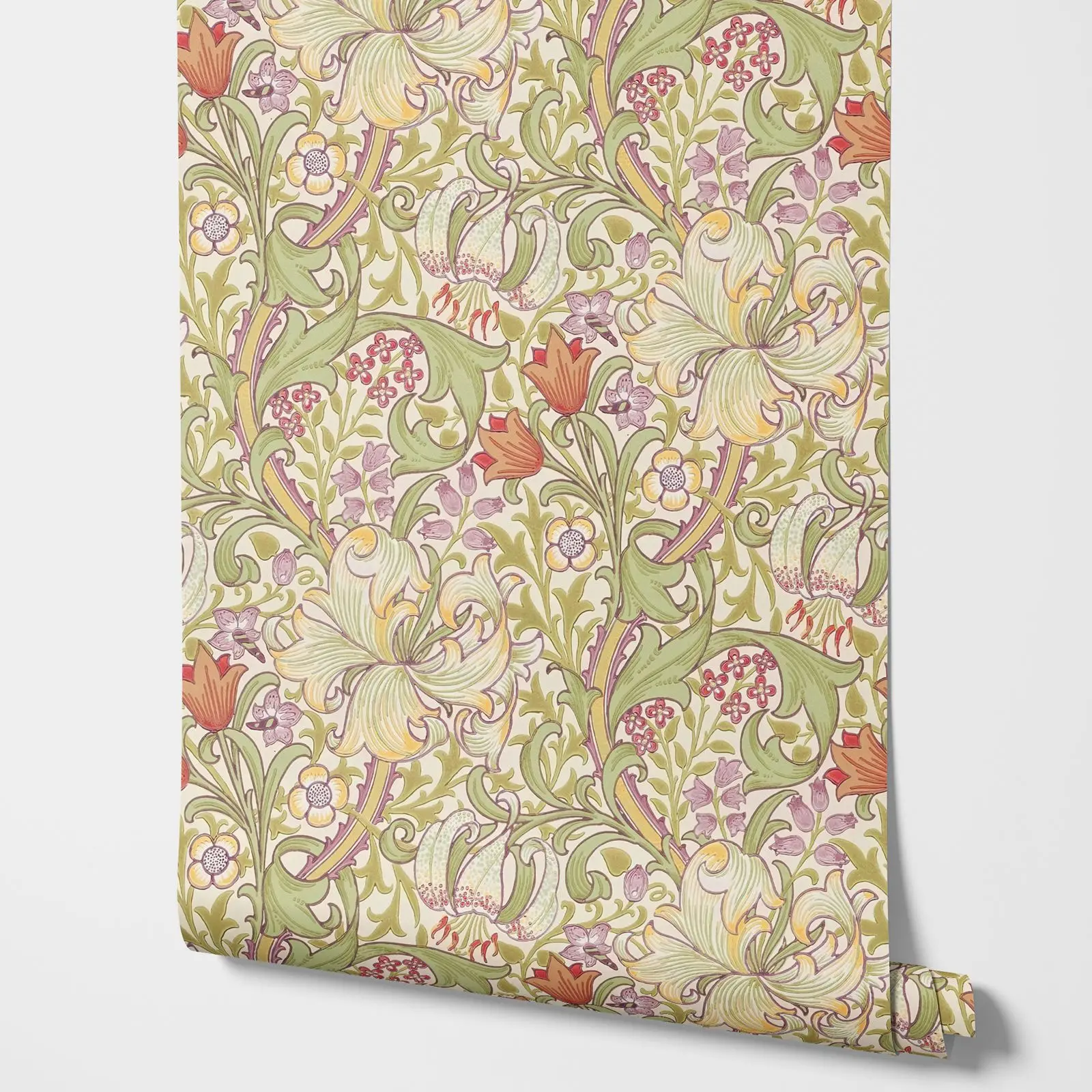 Golden Lily Peel and Stick Wallpaper In Olive and Russet, Vintage Floral Wall Mural For Home Decor, Self-adhesive Or Traditional