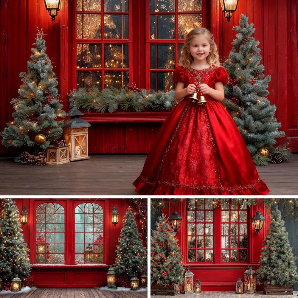 

Christmas Red Window Wood Wall Photography Backdrops Xmas Tree Gifts Home Decor Adult Kids Portrait Background Photo Studio Prop