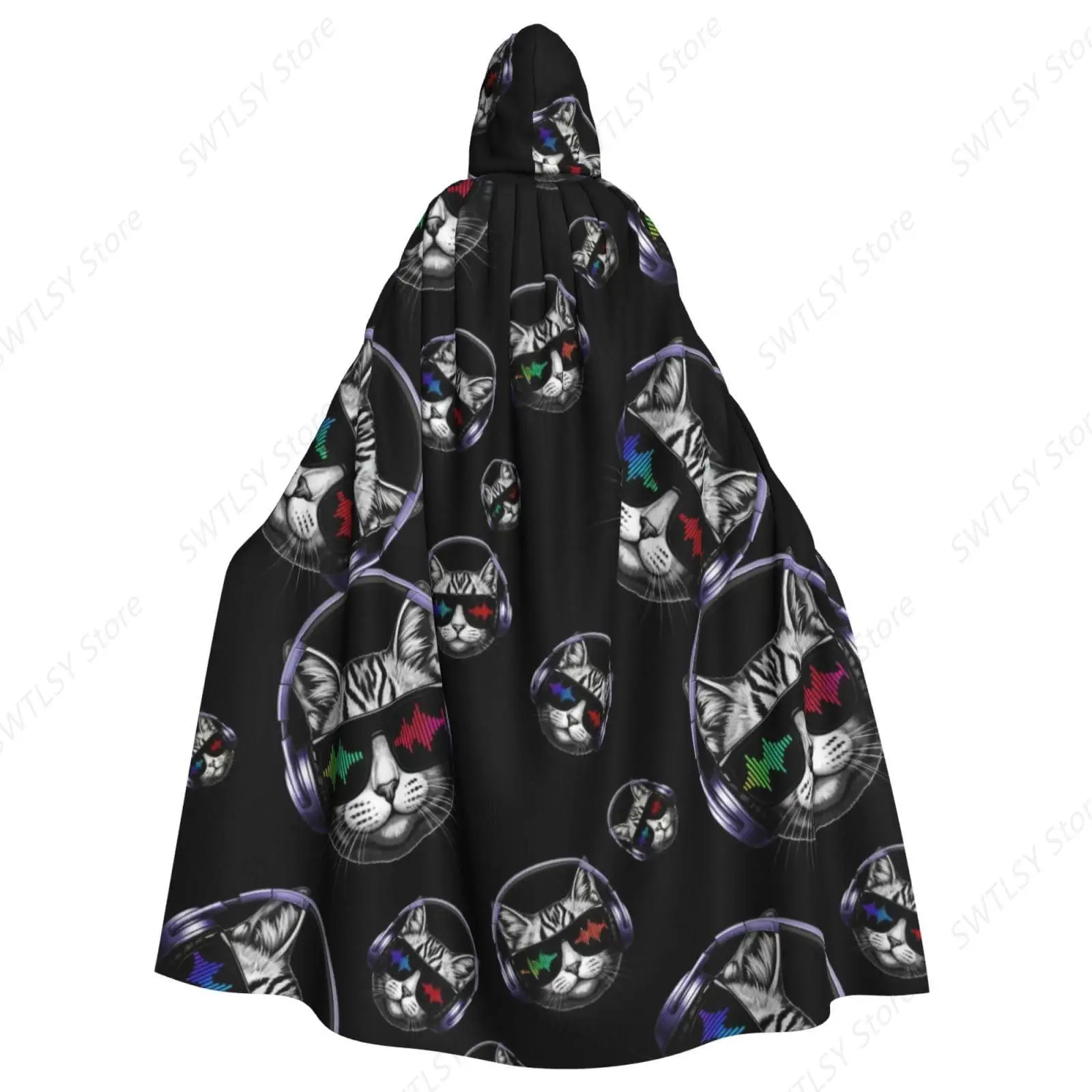 Hip Hop Dj Cat Sunglasses Earphone Pet Animal Black Costumes Cosplay Women Men Hooded Party Cloak Dress Witch Cape Compatible