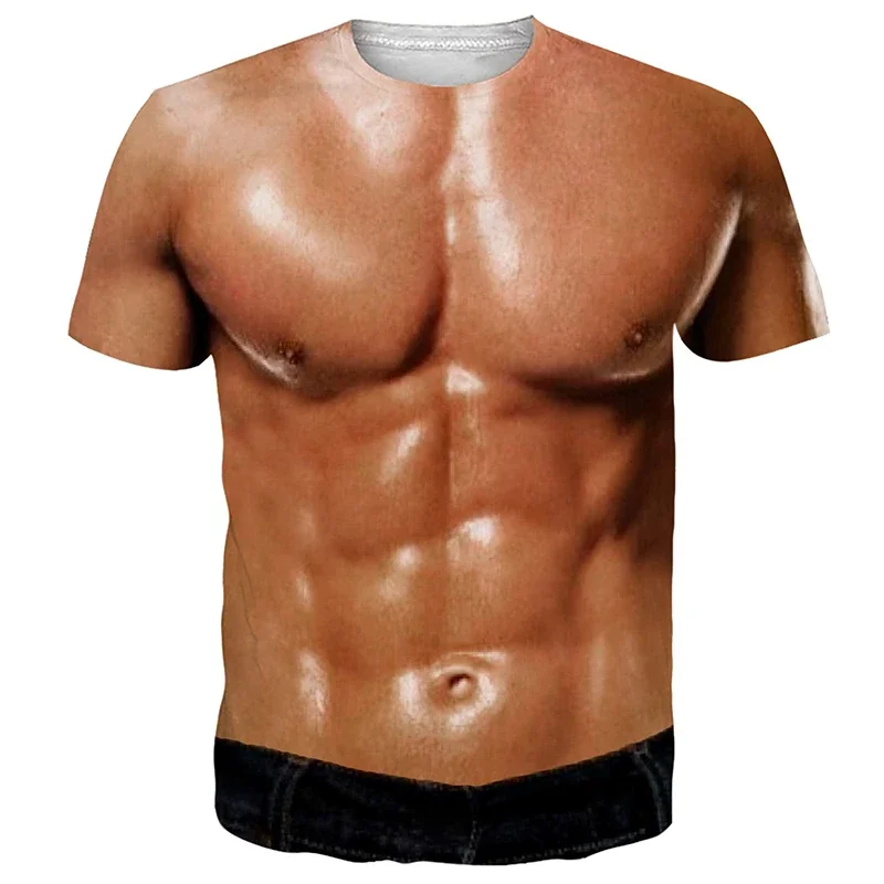 2024 Summer New 3D Printed Men\'s Fake Abs Chest Print T-shirt Large Size Relaxed Comfortable Breathable Fashion Casual Shirt