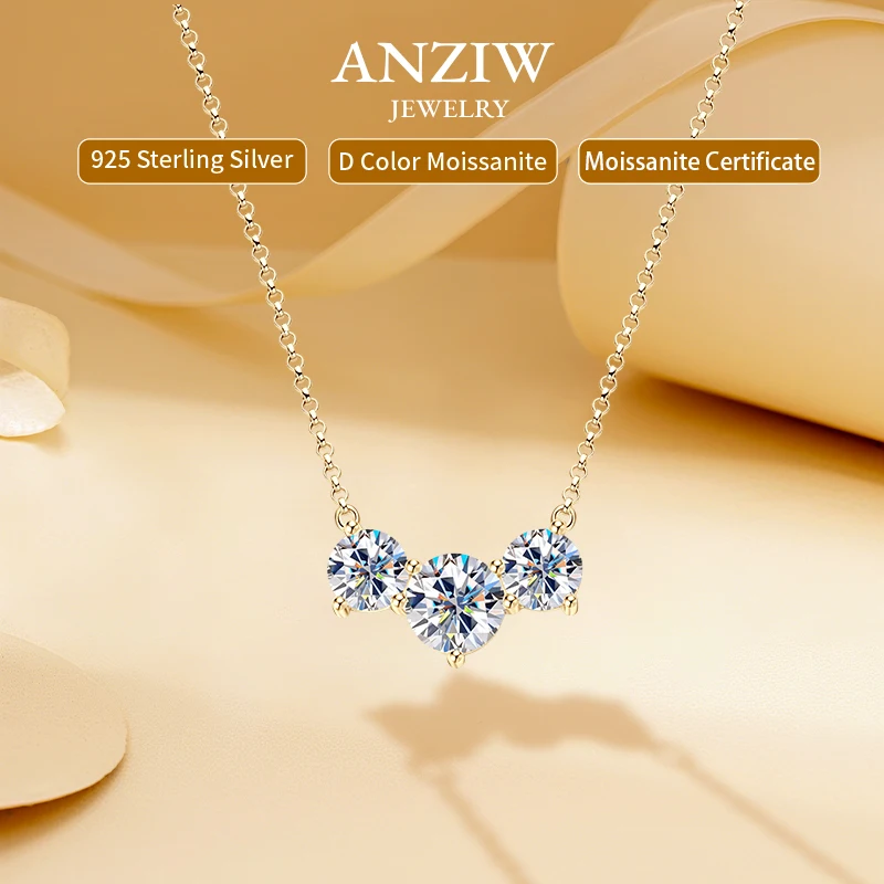 

Anziw 4.0cttw 1ct 2,0ct D муассанит кулон с тремя камнями ожерелье настоящее серебро 925 пробы регулируемая цепочка простой воротник подарки для женщин