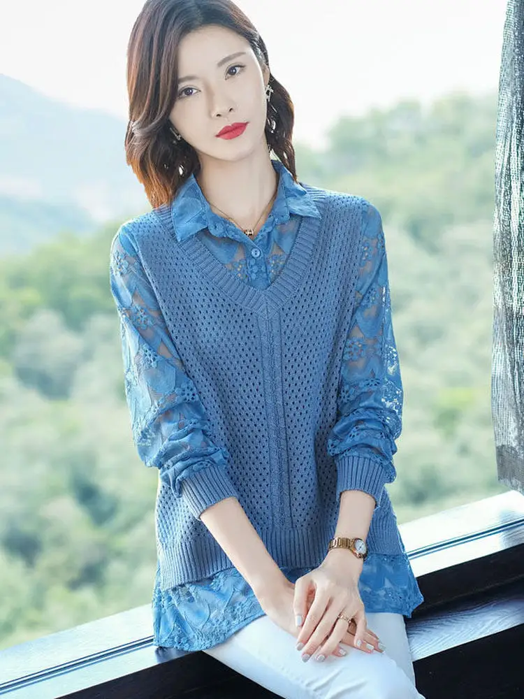 

Slimming Knitted Vest And Shirt Set Women's Fashion Early Autumn Lace Top Stylish Sweater Two-Piece Set Spring Autumn New Arr...