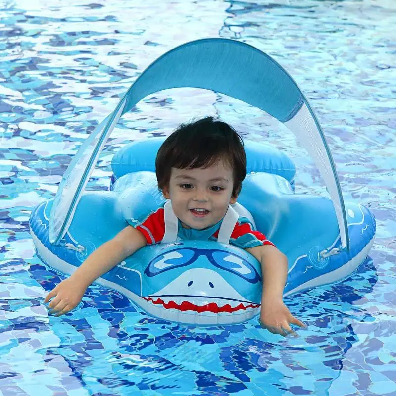 Baby Swim Float With Canopy Portable Skin-Friendly Baby Swim Float Foldable Fun Shark Shape Ring With Shade For Swimming Outdoor