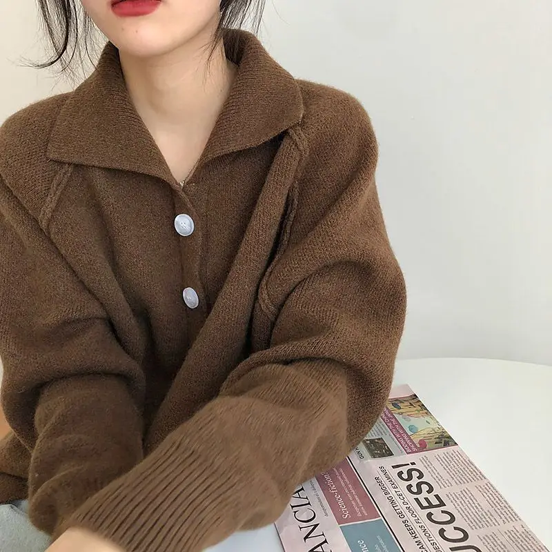 

Vintage Turn Down Collar Knitted Cardigan Single Breasted Warm Sueter Mujer Korean Pull Femme Solid Loose Sweater Autumn Coat