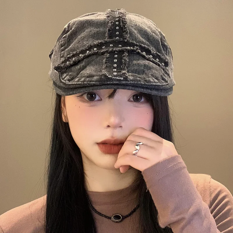 American Rivet Design Black Forward Hats for Women and Men Summer Casual Versatile Street Trend Retro Washed Denim Berets Y2k