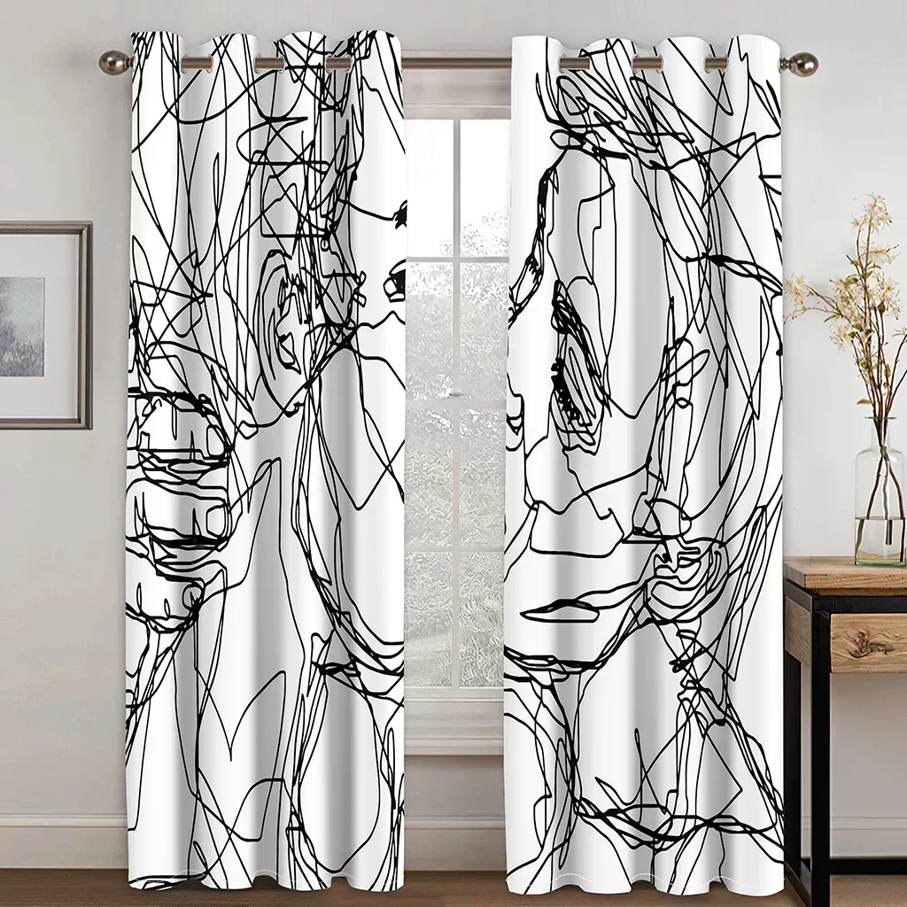 Cheap Abstract Art Face Lines Kissing Couples Two Thin Window Curtains for Living Room Bedroom Home Decor 2 Pieces Free Shipping