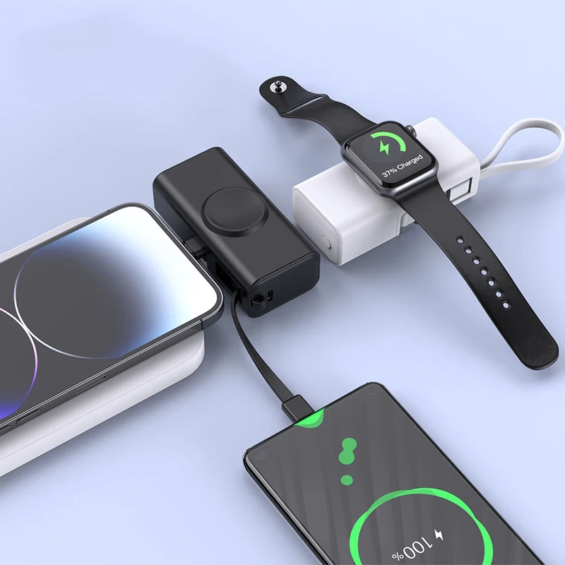 Mini Power Bank 5000mAh with 22.5W USB C Cable for iPhone 16 Huawei Xiaomi Samsung Powerbank Wireless Charger for iWatch 9 8 7 6